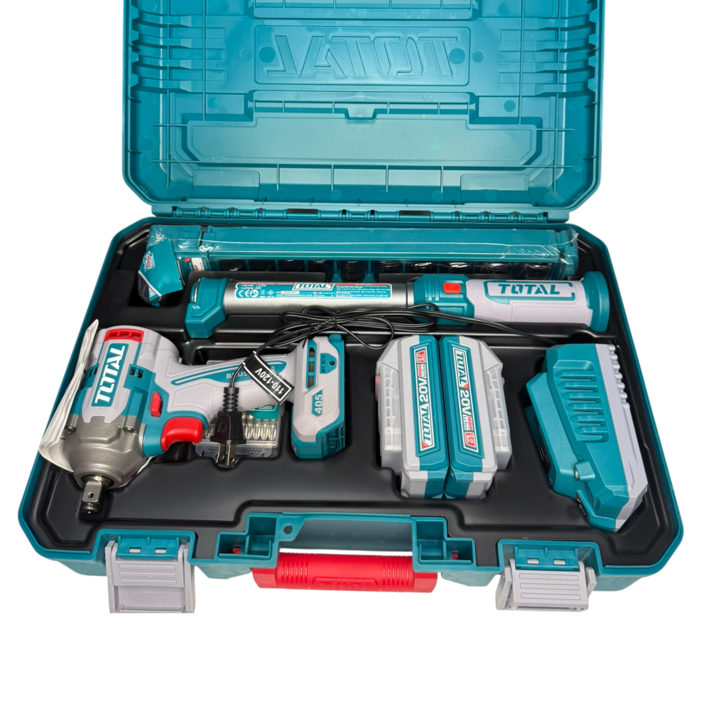 Llave de Impacto Inalámbrica TOTAL 20V 1/2” 405Nm con 2 Baterías, Copas y Maletín Rígido