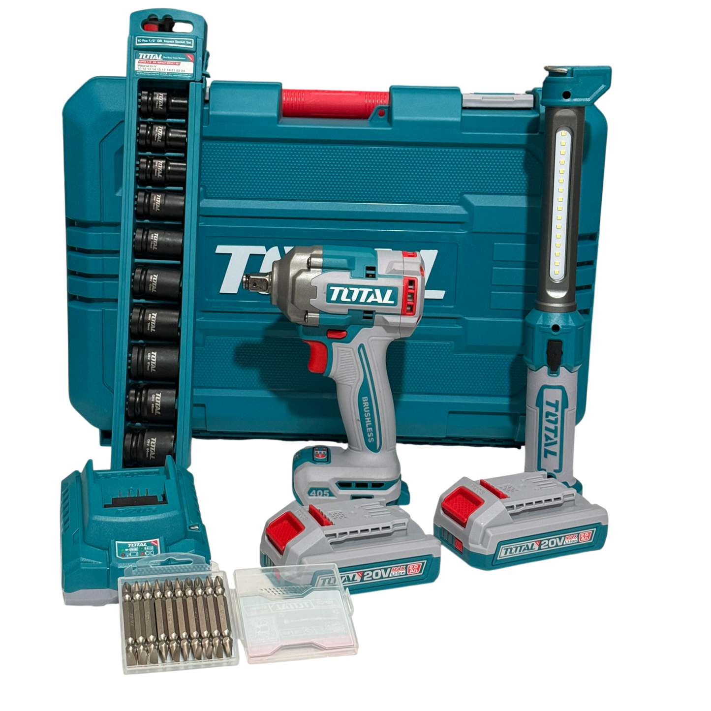 Llave de Impacto Inalámbrica TOTAL 20V 1/2” 405Nm con 2 Baterías, Copas y Maletín Rígido