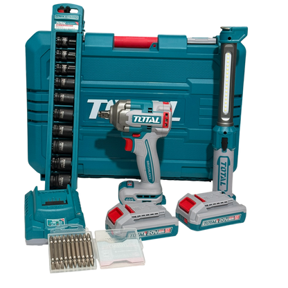 Llave de Impacto Inalámbrica TOTAL 20V 1/2” 405Nm con 2 Baterías, Copas y Maletín Rígido