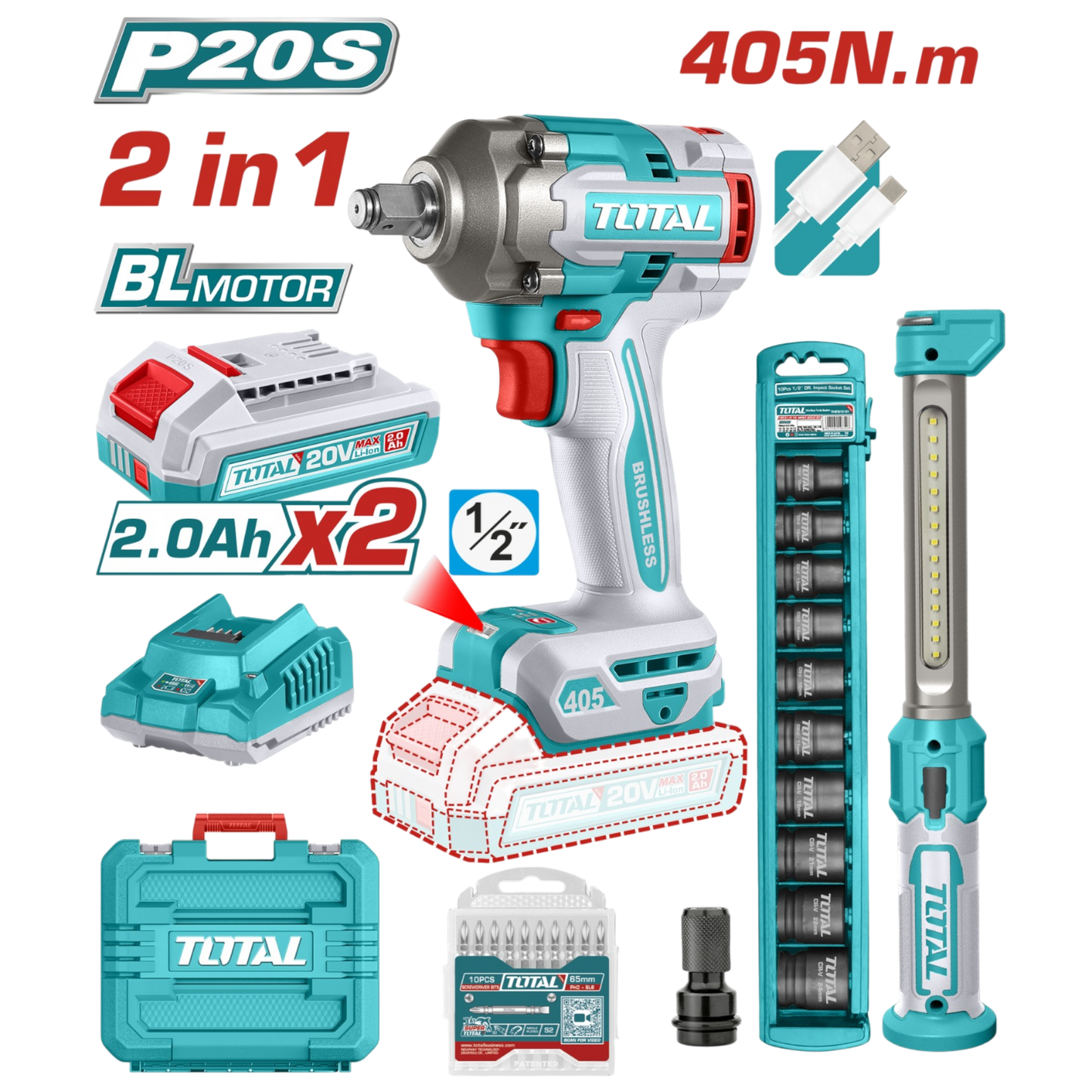 Llave de Impacto Inalámbrica TOTAL 20V 1/2” 405Nm con 2 Baterías, Copas y Maletín Rígido