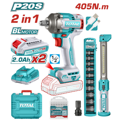 Llave de Impacto Inalámbrica TOTAL 20V 1/2” 405Nm con 2 Baterías, Copas y Maletín Rígido