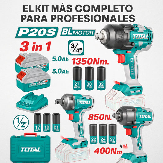 Combo Triple Llave de Impacto Brushless 20V – 400NM / 850NM / 1350NM + Cargador + 2 Baterías + 1 Año de Garantía